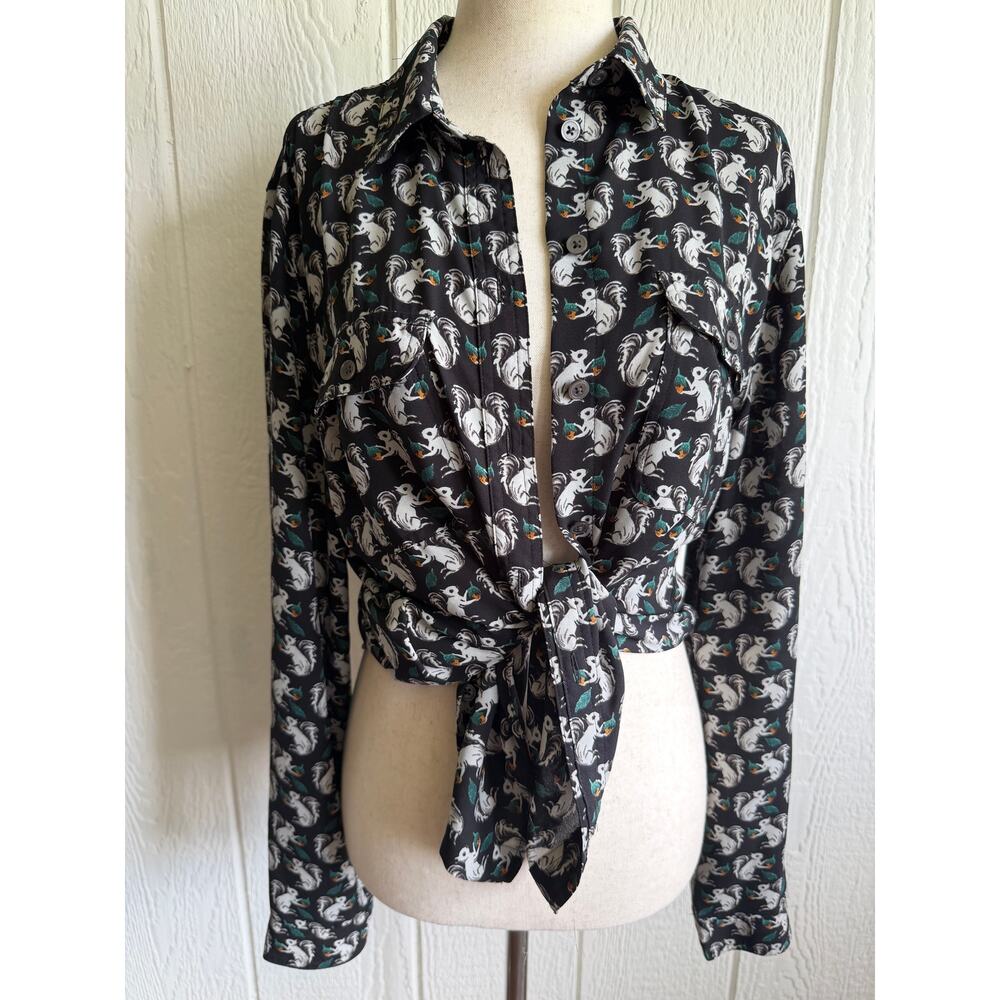 LOFT Squirrel Print Button Down Blouse Medium Animal Shirt Long Sleeve